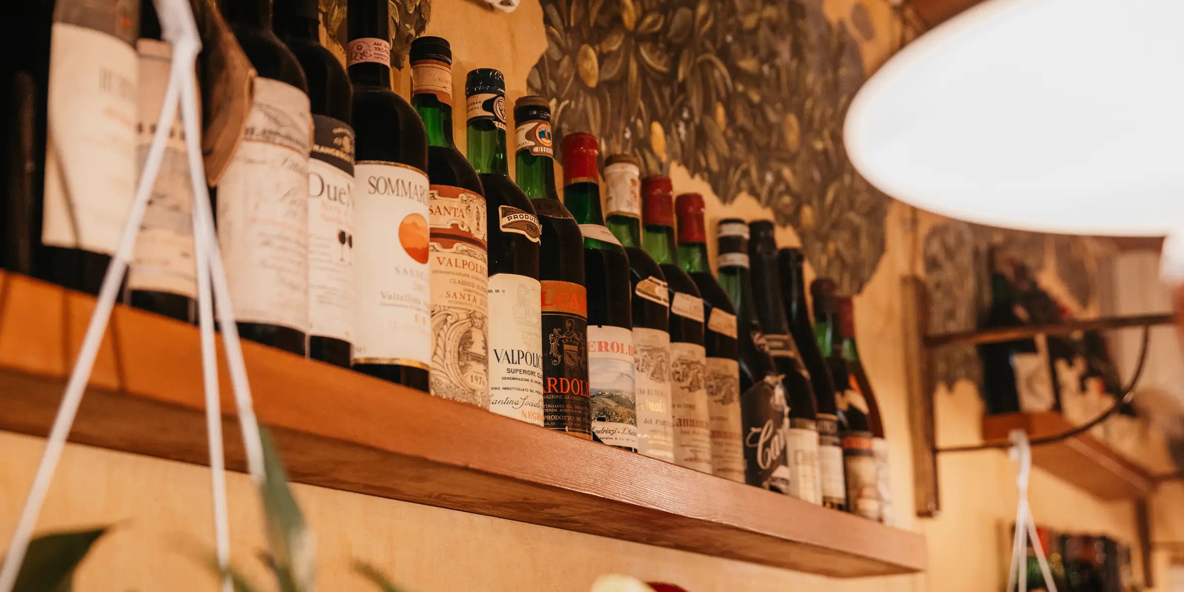 Mensola con bottiglie di vino in esposizione